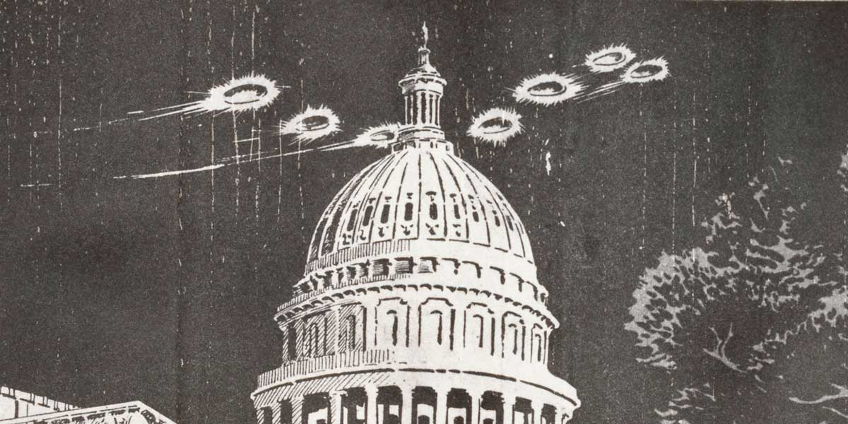 Comic strip showing flying saucers over Washington, DC