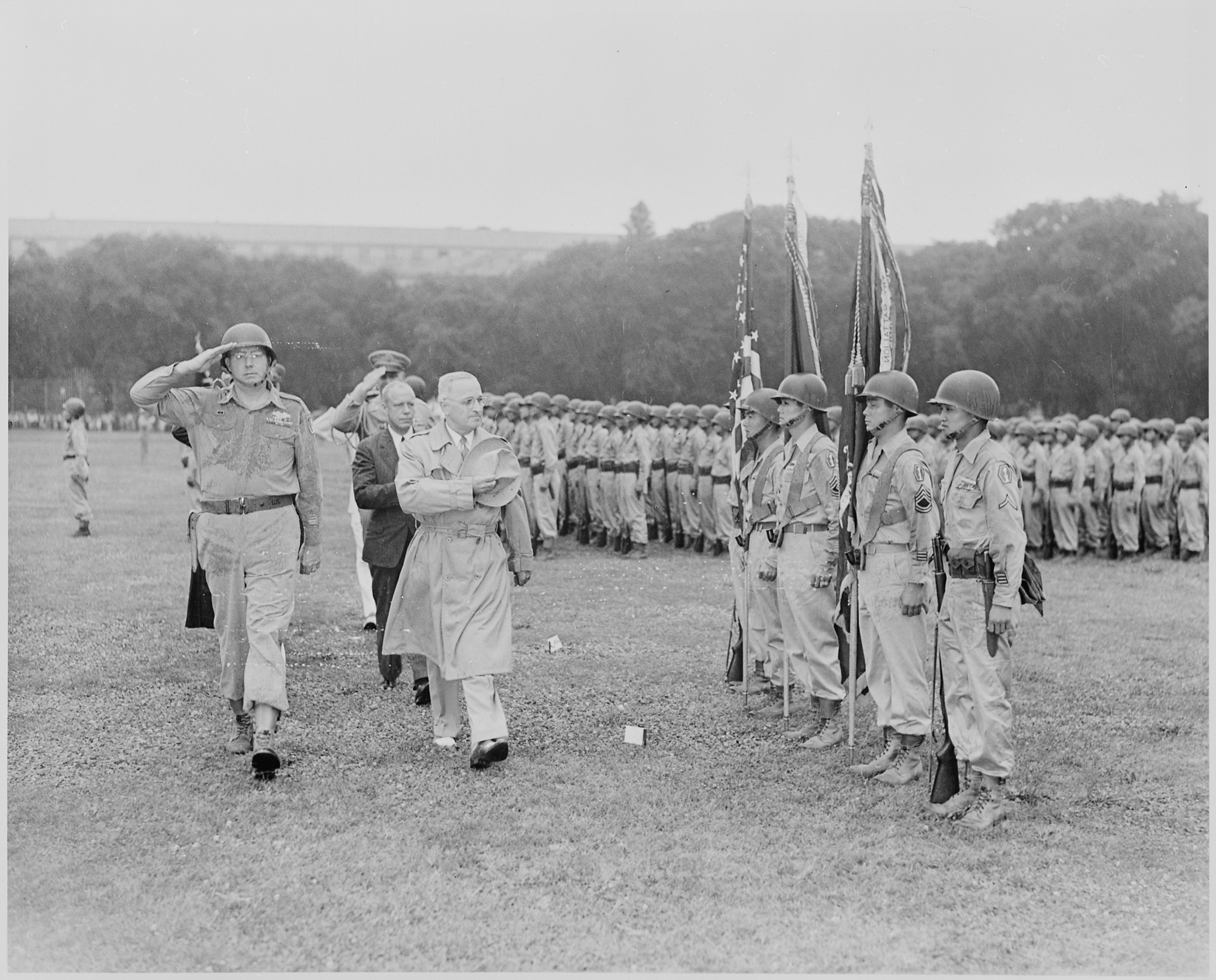 Photograph of President Truman reviewing the Japanese-American 442nd