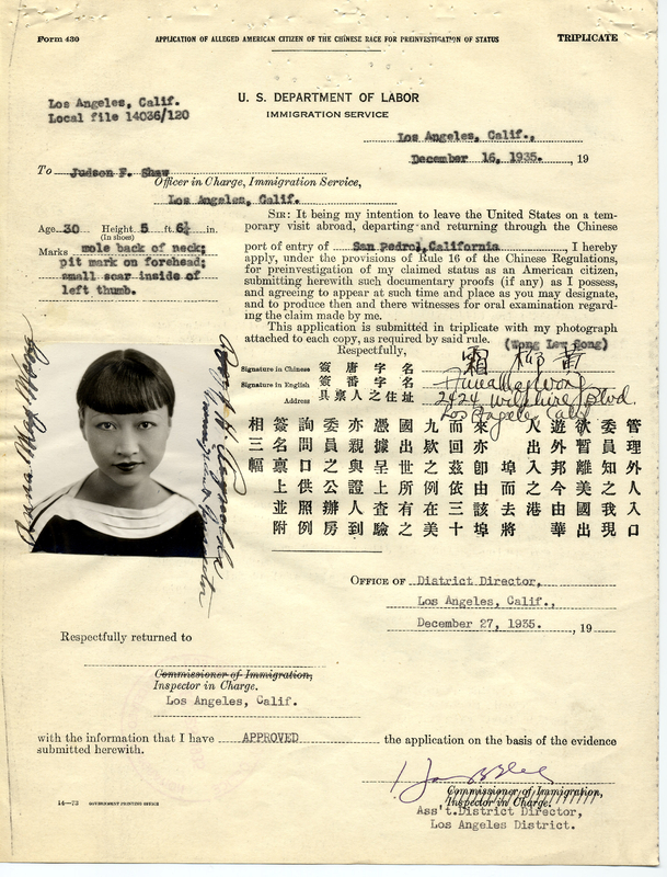 Application of American citizen for Anna May Wong