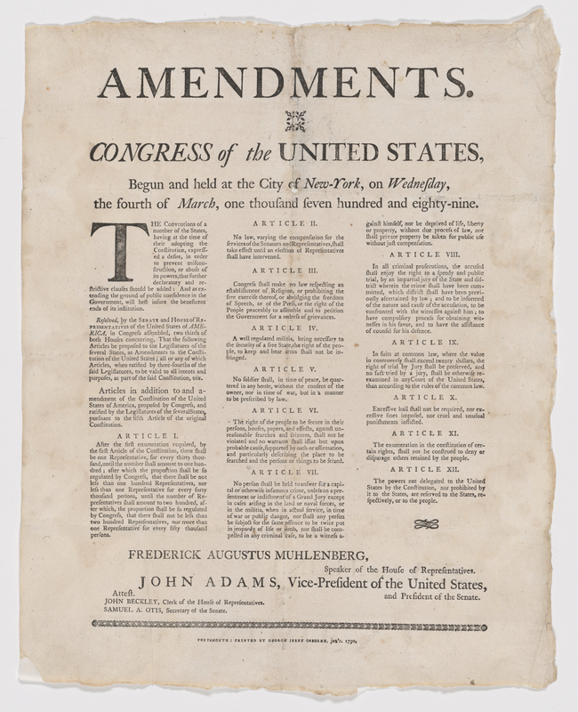 Image of 1790 Broadside Bill of Rights