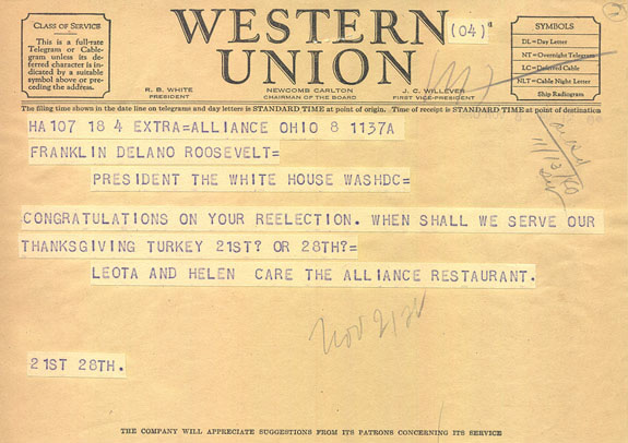 Telegram to President Roosevelt about Thanksgiving Turkey