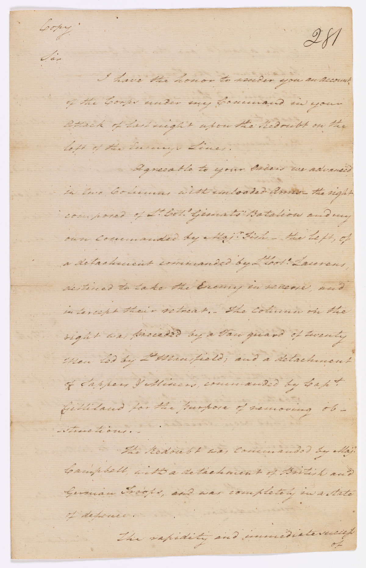 Copy of Alexander Hamilton’s letter to Marquis de Lafayette describing his actions at the Battle of Yorktown, October 15, 1781