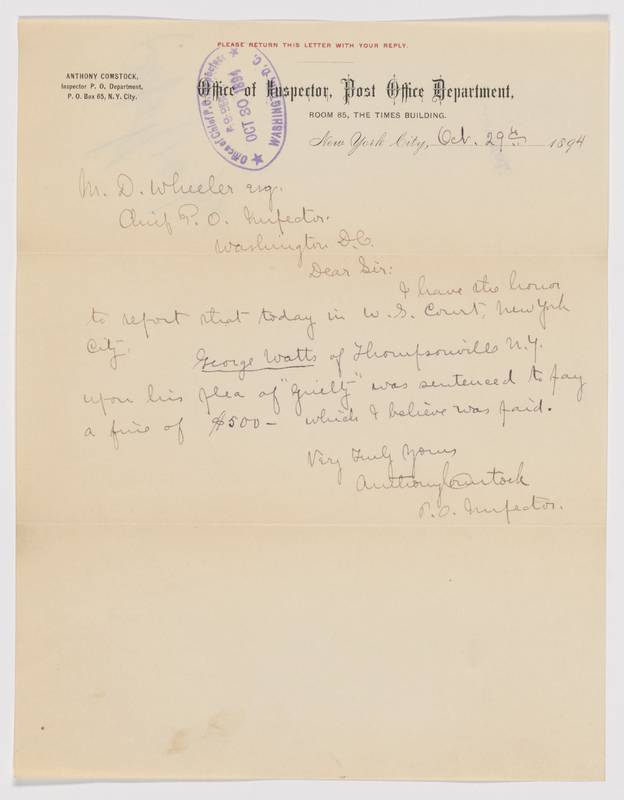Letter from Anthony Comstock to M.D. Wheeler