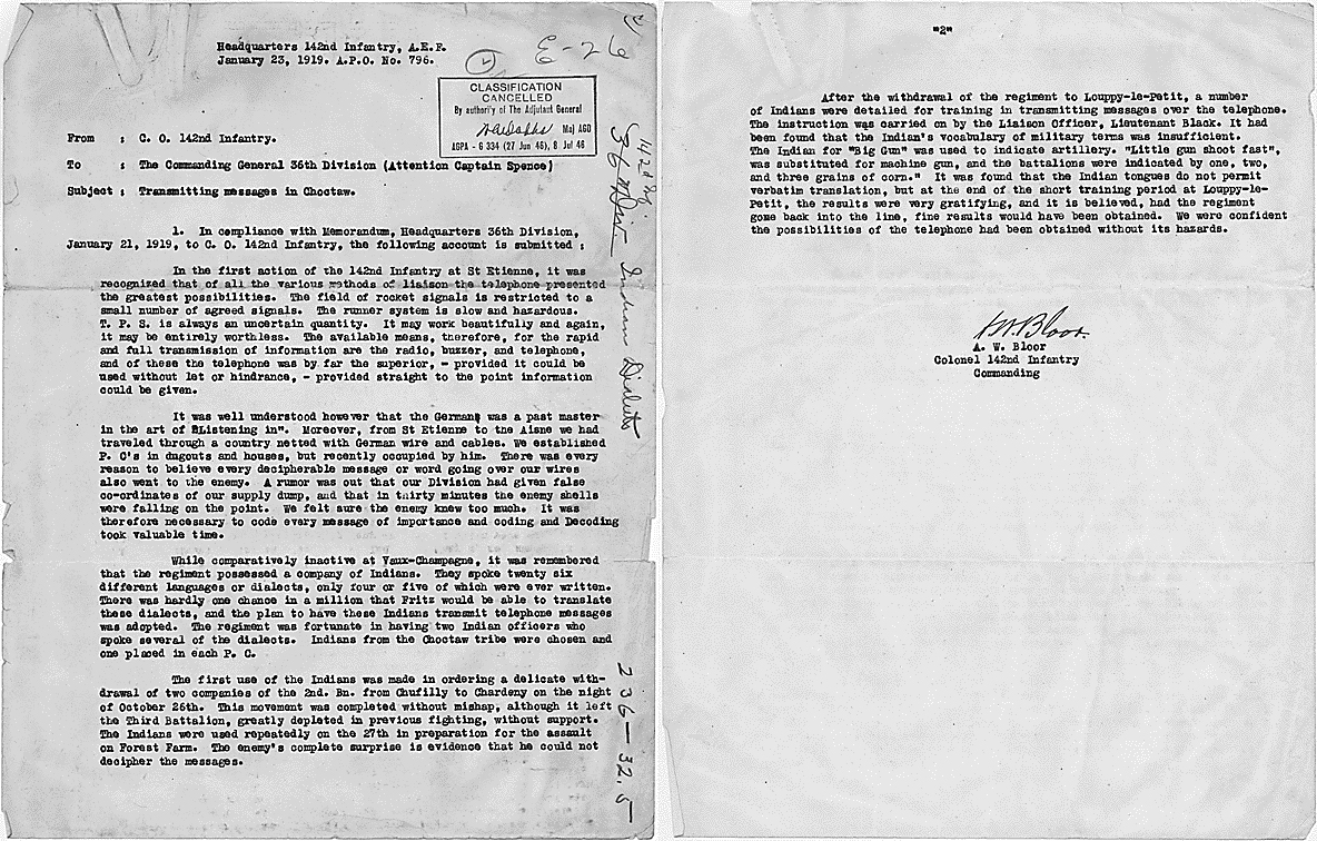 Letter from the Commanding Officer of the 142nd Infantry to the Commanding General of the 36th Division, stating how messages would be transmitted during World War I in Choctaw as the enemy "could not decipher the messages."