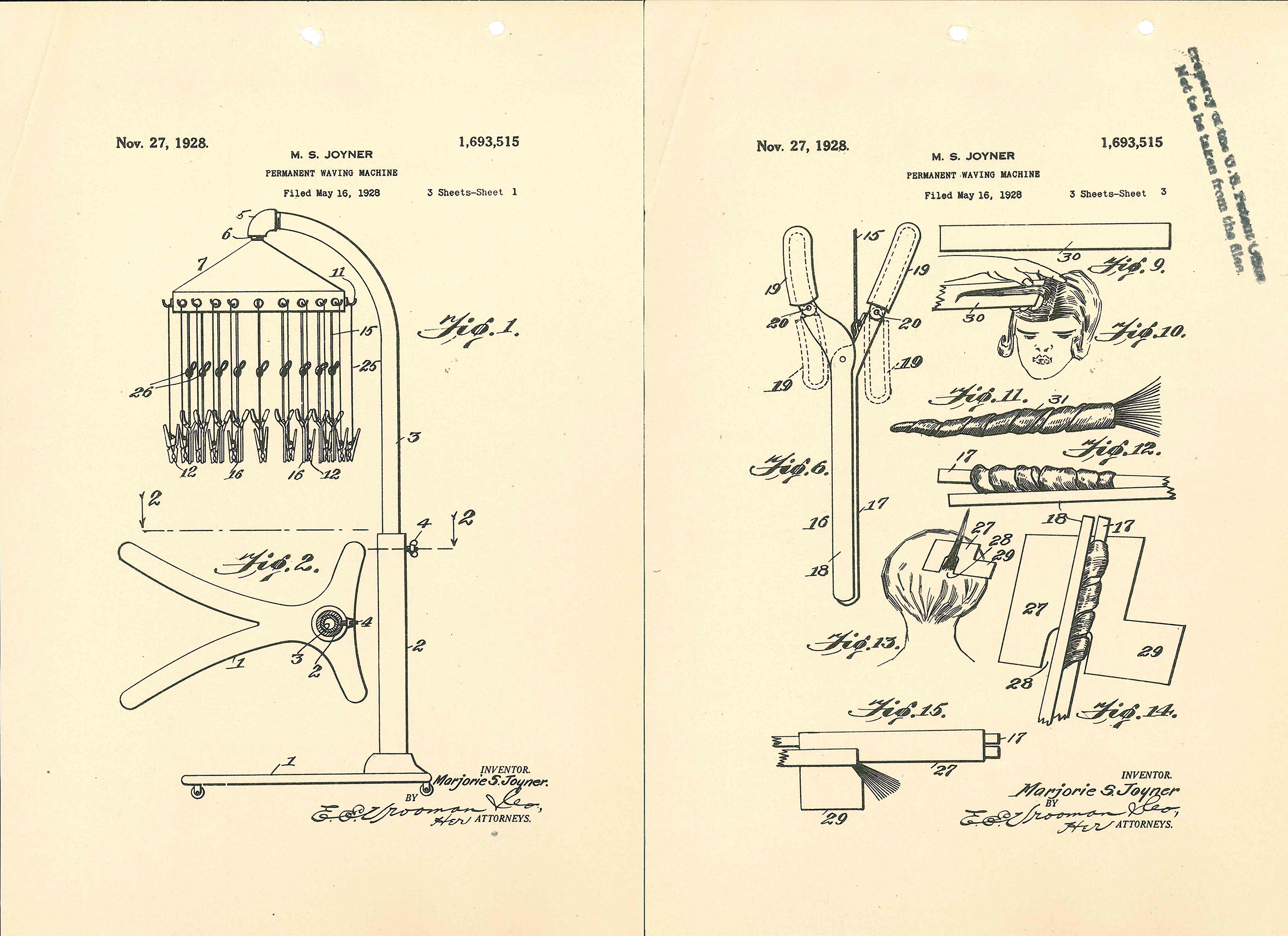 Marjorie Joyner submitted drawings for permanent wave machine, 1928, sheets 1 and 3