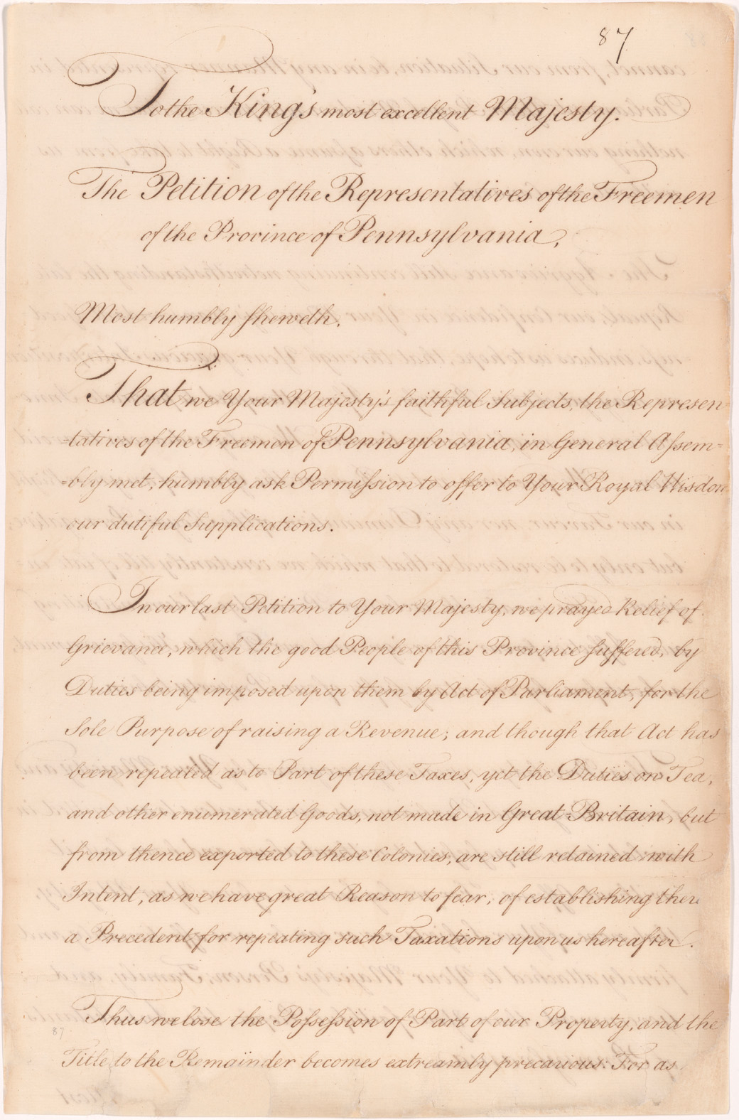 Petition of the Pennsylvania Provincial Assembly to the King of England