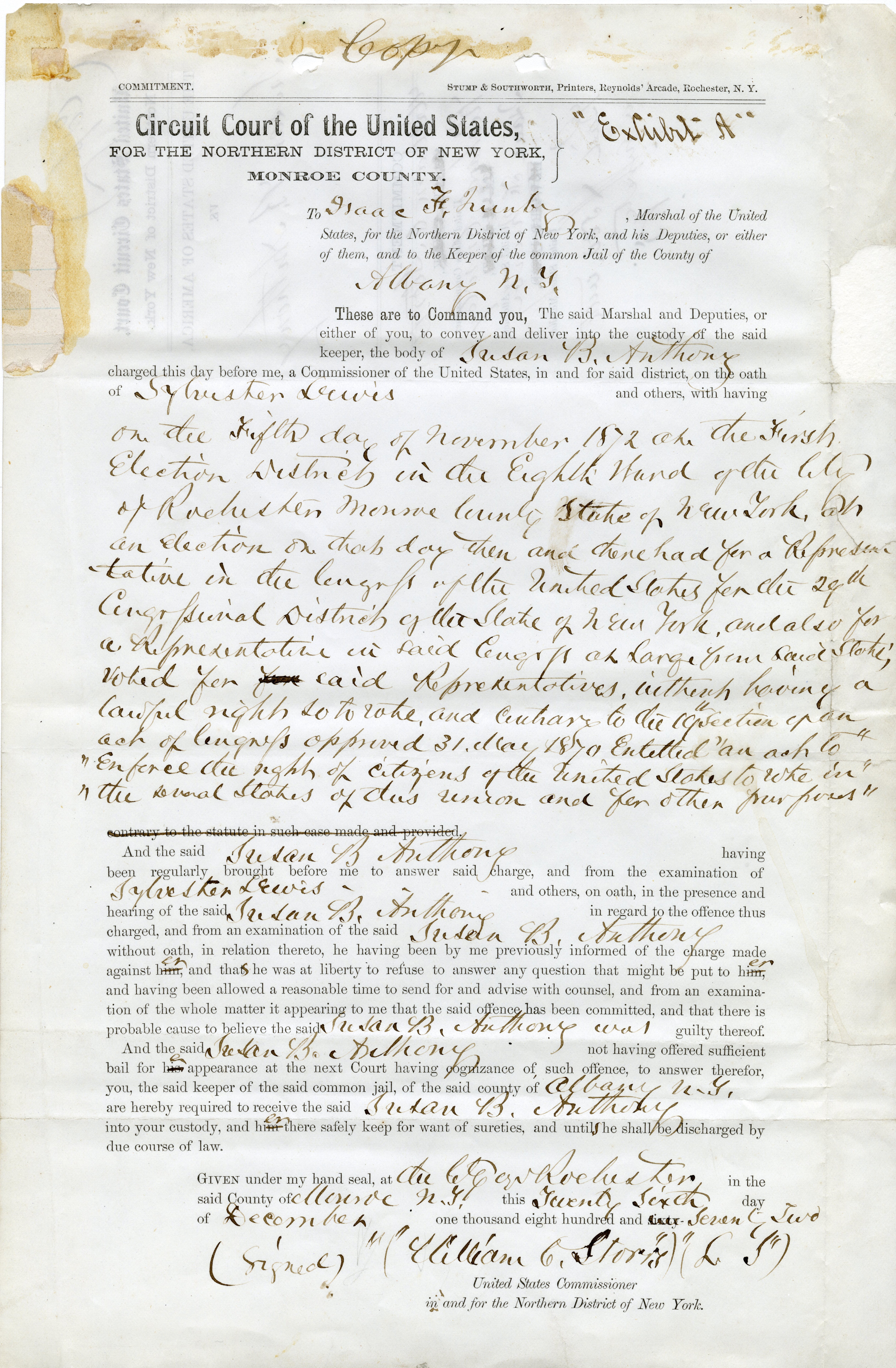 Arrest order of Susan B. Anthony, 1872