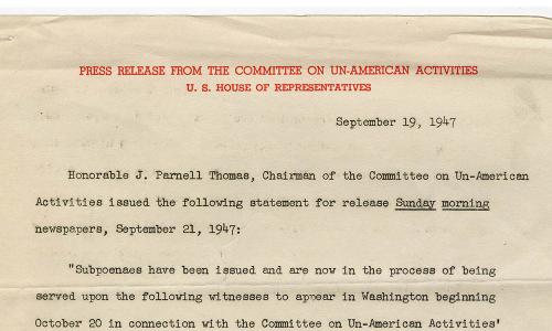 HUAC press release listing witnesses, Hollywood Blacklist