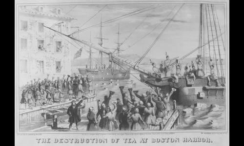 Colonists throwing tea into Boston Harbor