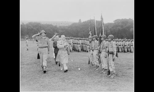 Photograph of President Truman reviewing the Japanese-American 442nd